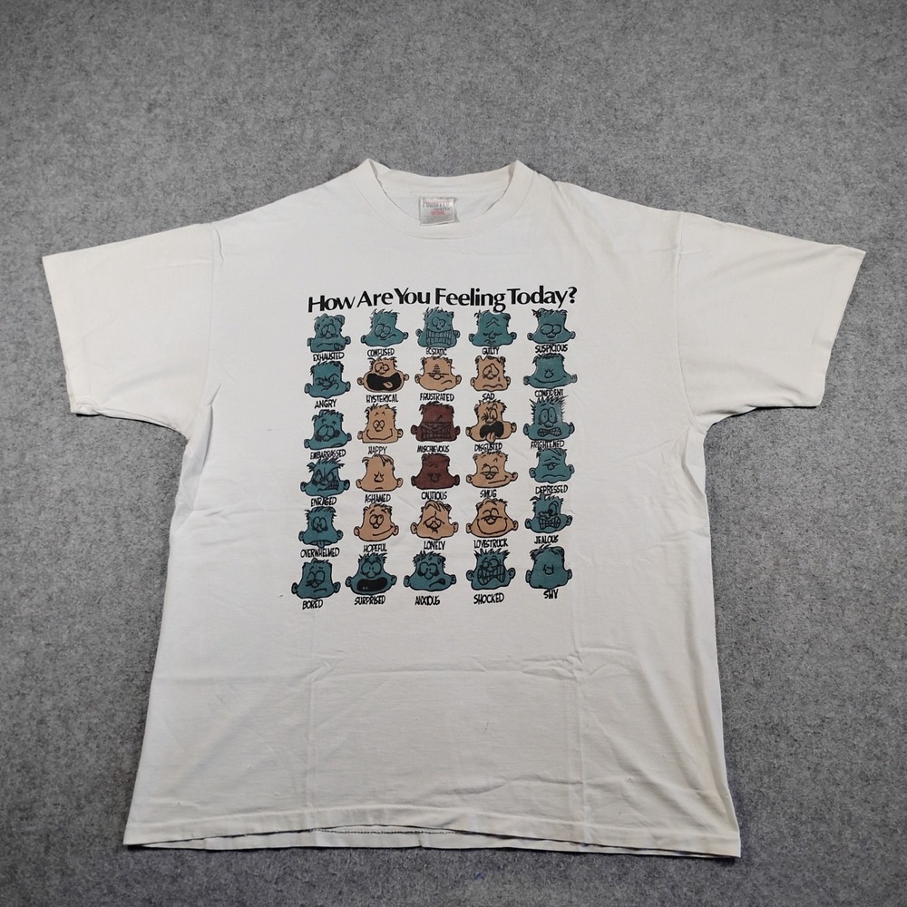 Vintage 90s Oneita How Are You Feeling Today Emotion Chart T-Shirt White XL
